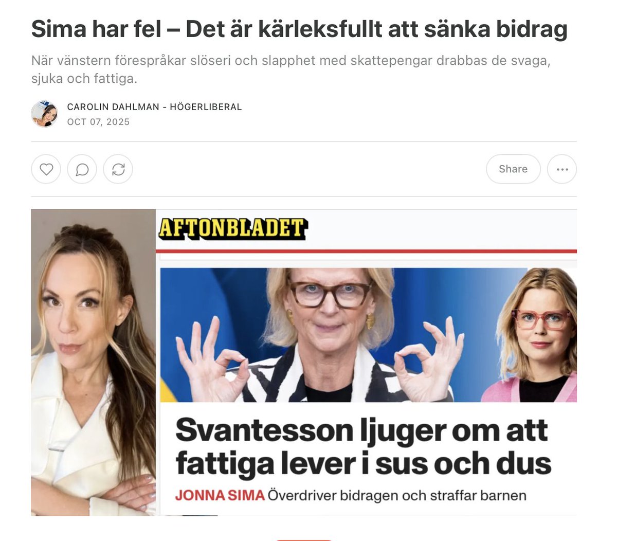 Sima har fel – Det är kärleksfullt att sänka bidrag, by <a href="/carolindahlman/">Carolin Dahlman</a> open.substack.com/pub/carolindah…