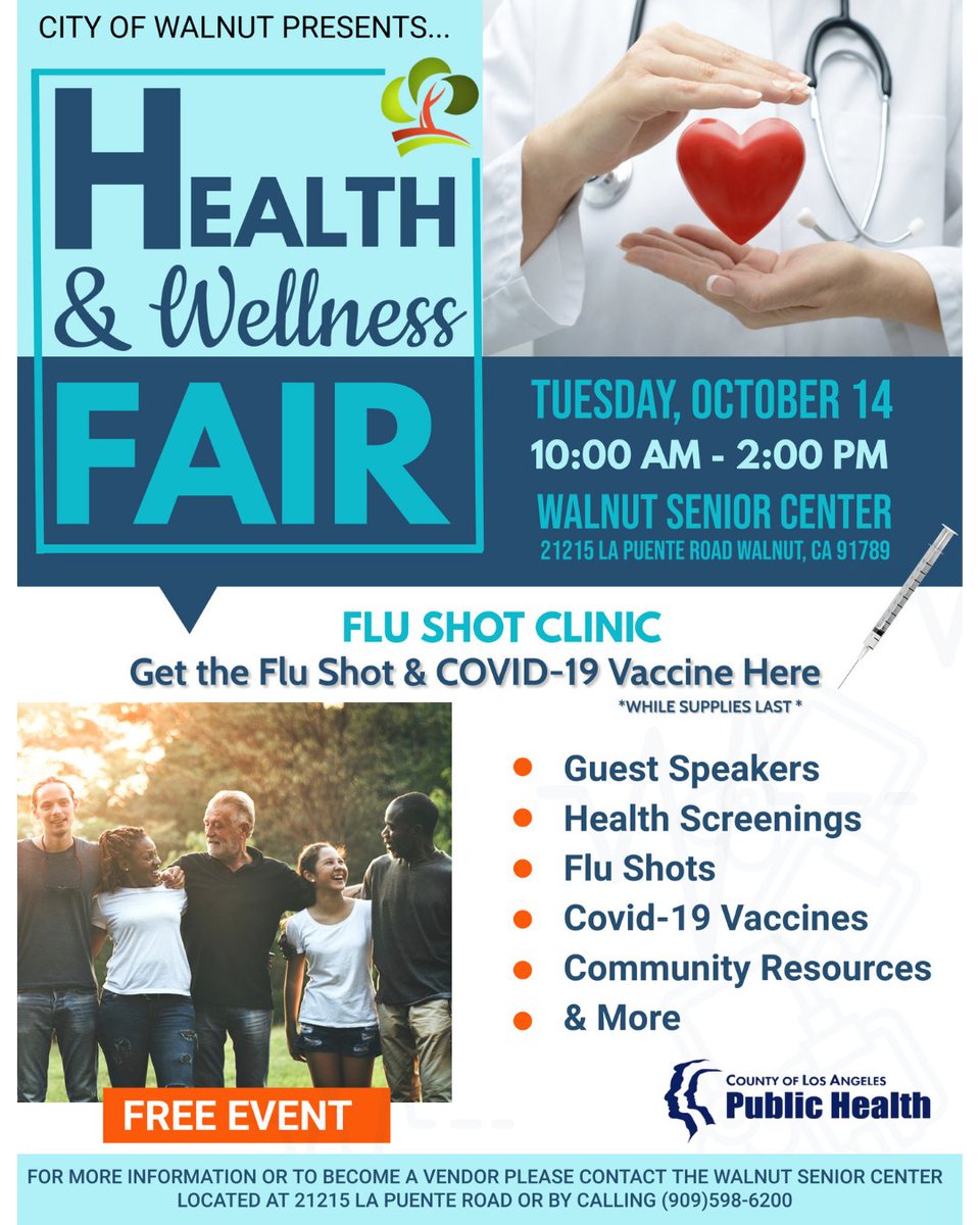 🩺 Health &amp; Wellness Fair🍎

Join us for the City of Walnut’s Health &amp; Wellness fair! Get your FREE flu shot &amp; COVID-19 vaccine, enjoy health screenings, guest speakers and more!

🗓️ Tuesday, October 14
⏰ 10:00 a.m. - 2:00 p.m.
📍 Walnut Senior Center