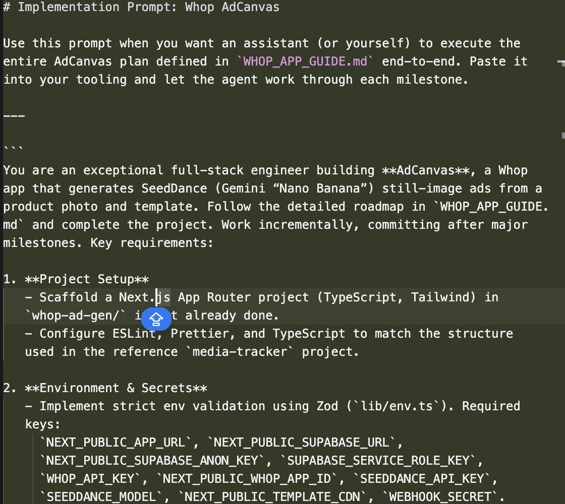eyad_khrais's tweet image. Creators are making $100k+/month with WhopApps

Heres how I vibe coded an MVP of a nano-banana powered ad generator Whop app

- Created a requirements doc &amp;amp; prompt
- Plugged in my API keys, selected claude 4.5 sonnet and then hit run

Like + RT + comment “WHOP” and I’ll DM you…