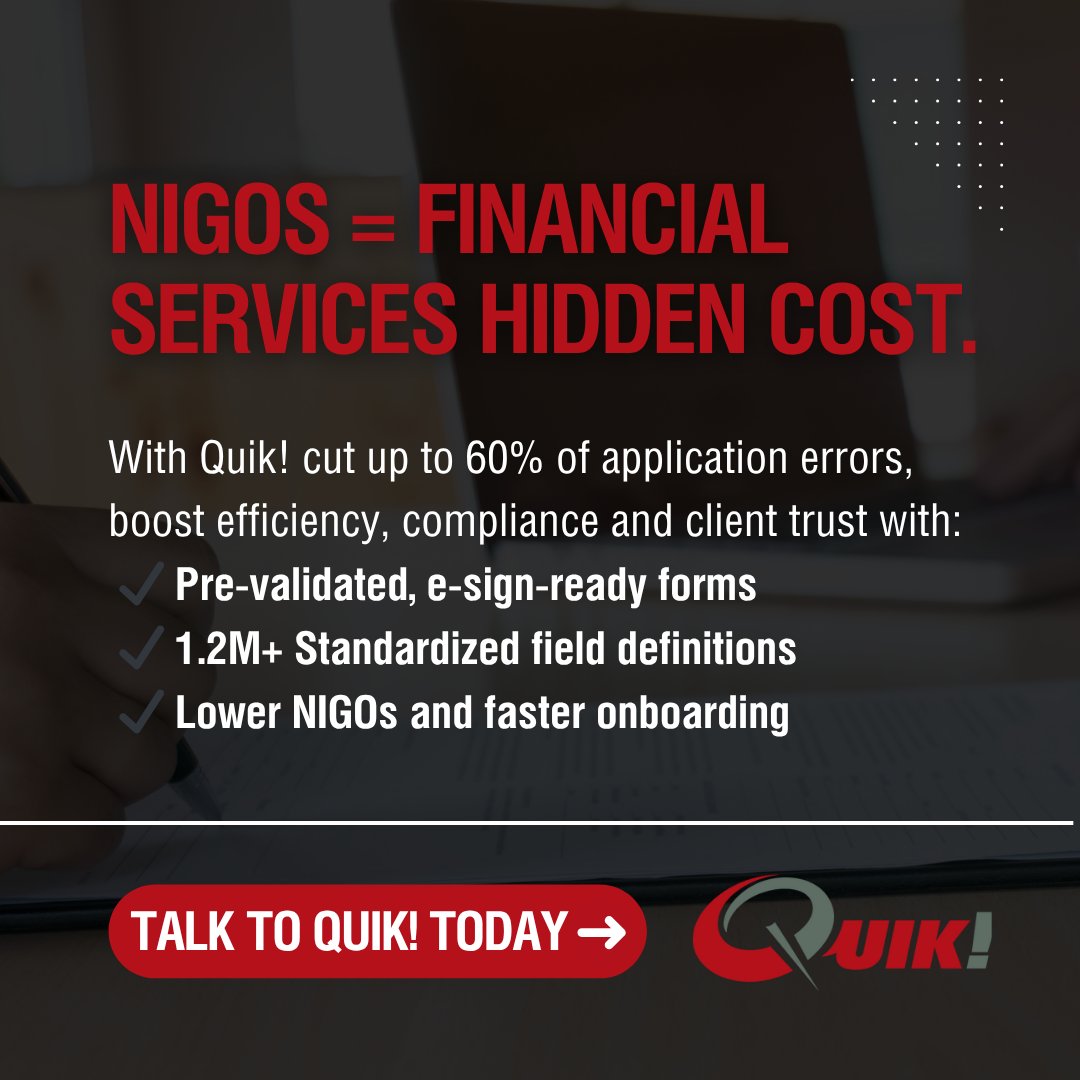 QuikForms's tweet image. NIGOs = financial services&apos; hidden cost.

 ❌ 60% error rate on paper apps
 ❌ 40% even on e-apps

Quik! fixes it at the source with structured, automated, e-sign-ready forms. Faster onboarding. Fewer errors. More trust.

👉 quikforms.com/get-started
#automation #clientonboarding