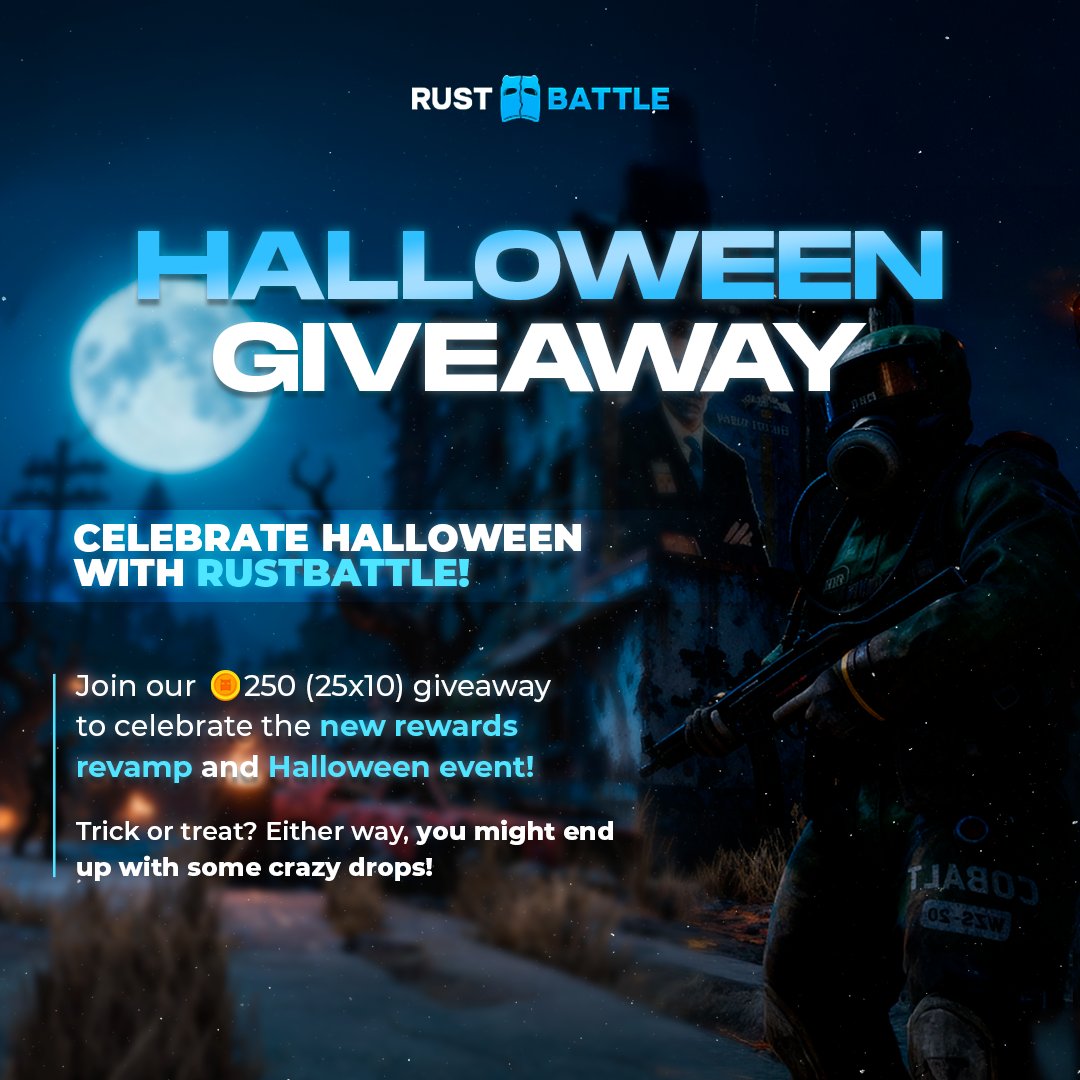 RustBattleCom's tweet image. 🎃 HALLOWEEN GIVEAWAY IS HERE! 💎
We’re celebrating the spooky season with $250 ($25x10) up for grabs! 👻
To join:
1️⃣ Like this post ❤️
2️⃣ Retweet 🔁
3️⃣ Follow @RustBattleCom 💎
4️⃣ Tag 2 friends in the comments