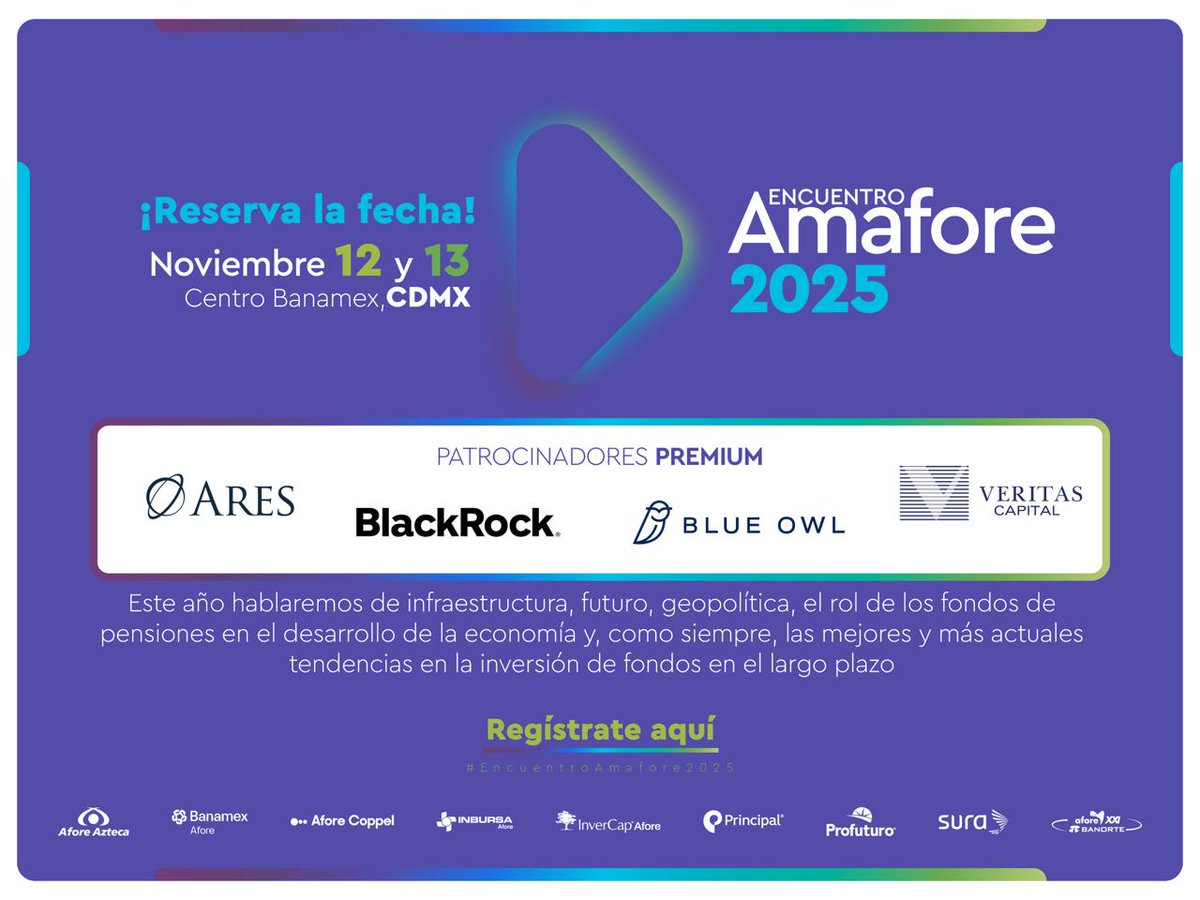 💠Los patrocinadores Premium del #EncuentroAmafore2025, te invitan a registrarte y ser parte de la discusión de los temas más relevantes para la industria.

 Agradecemos a <a href="/ares_management/">Ares Management</a> <a href="/BlackRockMX/">BlackRock México</a> <a href="/BlueOwlCapital/">Blue Owl Capital</a> #VeritasCapital 

 Información en encuentroamafore.mx