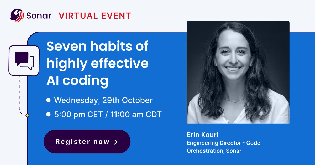 SonarSource's tweet image. Is AI-generated code slowing down your reviews? You might be facing the &quot;engineering productivity paradox.&quot;

Join our upcoming webinar to learn the 7 habits for effective AI coding that ensure quality, security, &amp;amp; maintainability: bit.ly/4nBFwfx

#CodeQuality #SonarQube