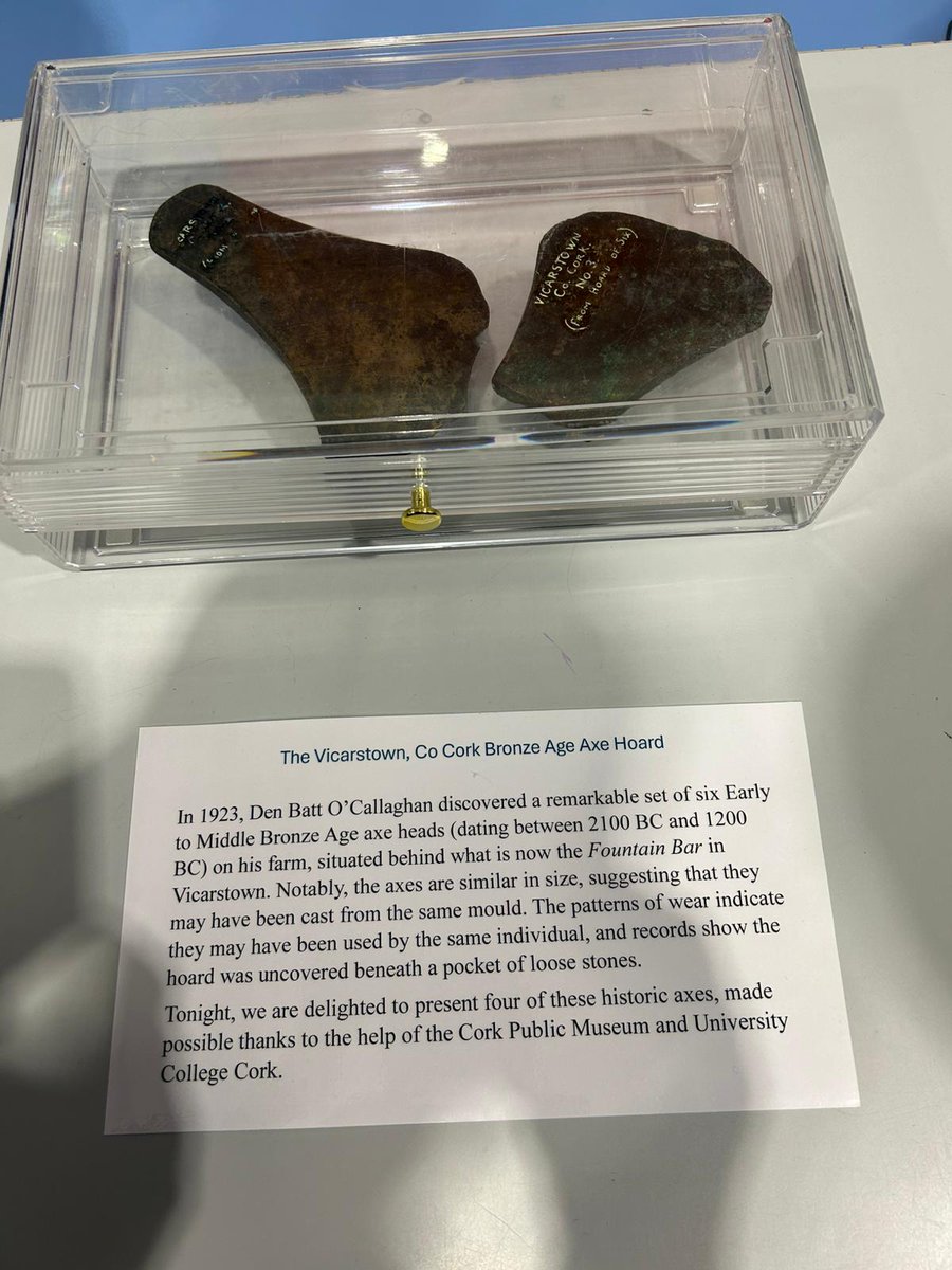 CensusConnecti2's tweet image. Bronze Age axe heads found in #Inniscarra in 1923 on display at the Inniscarra Historical Society Journal Launch tonight. Great turnout for the artefacts brief stay at home ✨️