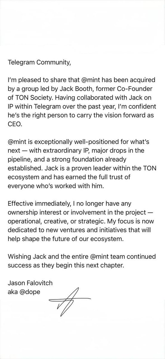 Some personal and positive news, A few weeks ago I resigned from TON Foundation and as of today will become CEO of Mint - the premium collectibles launchpad in Telegram.

Having collaborated with Mint’s founder @JFX the last couple of years, I grew to understand the value of