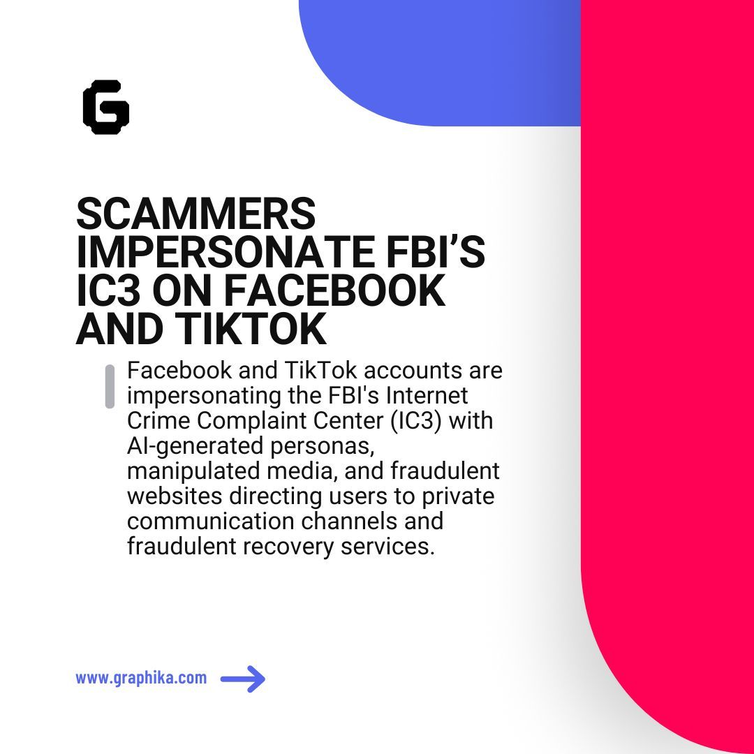 Graphika_NYC's tweet image. Scammers are impersonating the FBI’s IC3 on Facebook &amp;amp; TikTok, using AI personas, fake websites, &amp;amp; fraudulent recovery services to deceive victims.

Read the full insight: buff.ly/3E6C2TQ 

#CyberSecurity #Fraud #Graphika