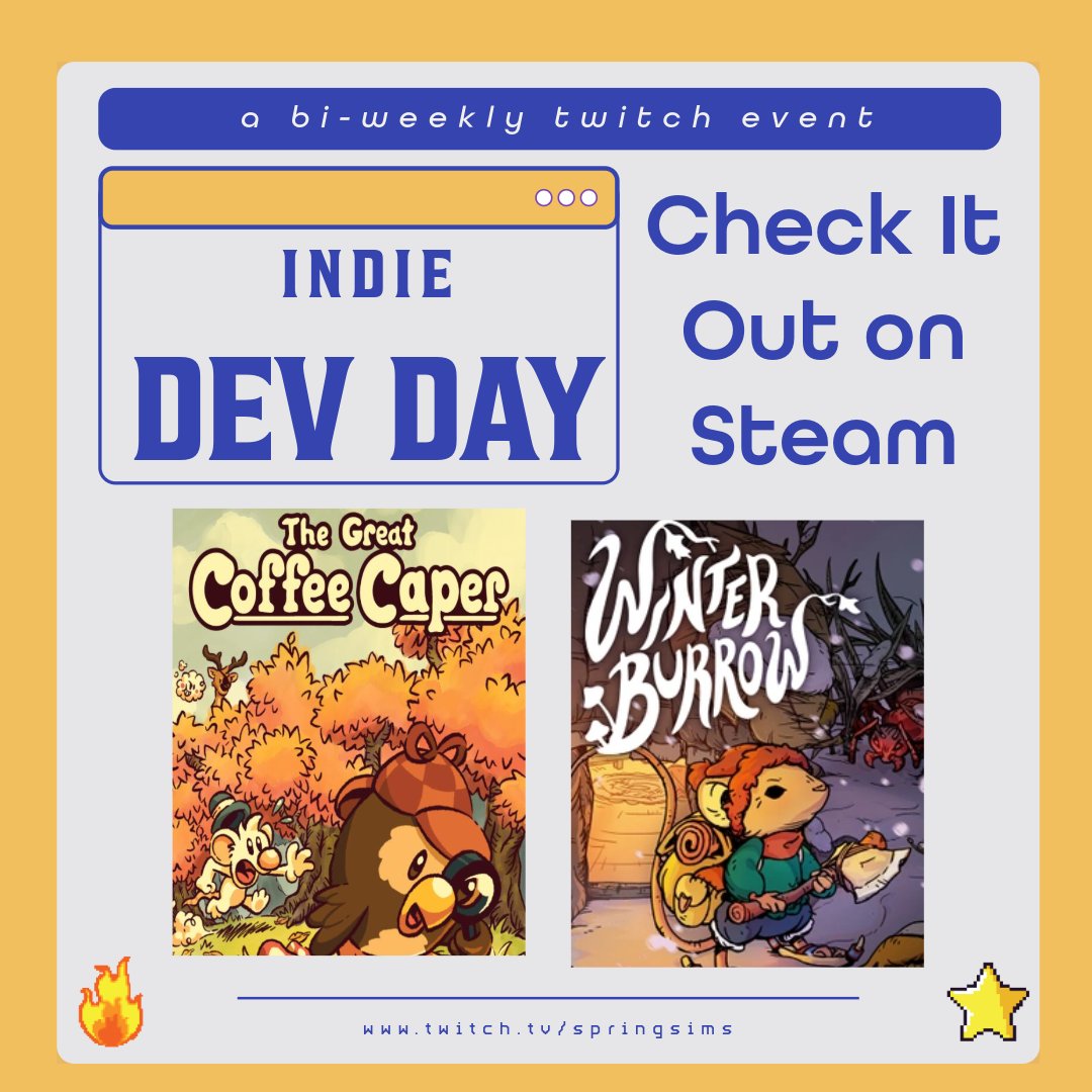 SpringSims's tweet image. This WEDNESDAY, October 8th @ 10 am CST, Indie Dev Day WK 8 on @twitch
Where I showcase different indie games bi-weekly, so we'll be checking out:
★ Winter Burrow @pinecreekgames
★ The Great Coffee Caper @EverydayMagicX
Follow me on Twitch to be notified:…