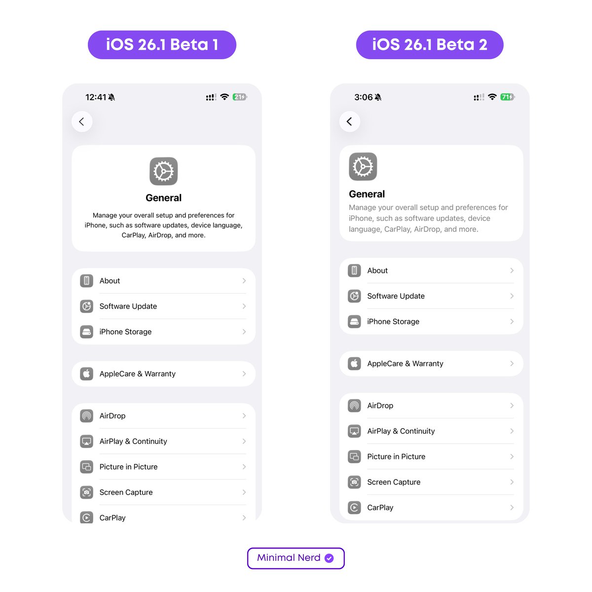 minimalnerd1's tweet image. The Settings sections of iOS 26.1 Beta 2 are now left-aligned!