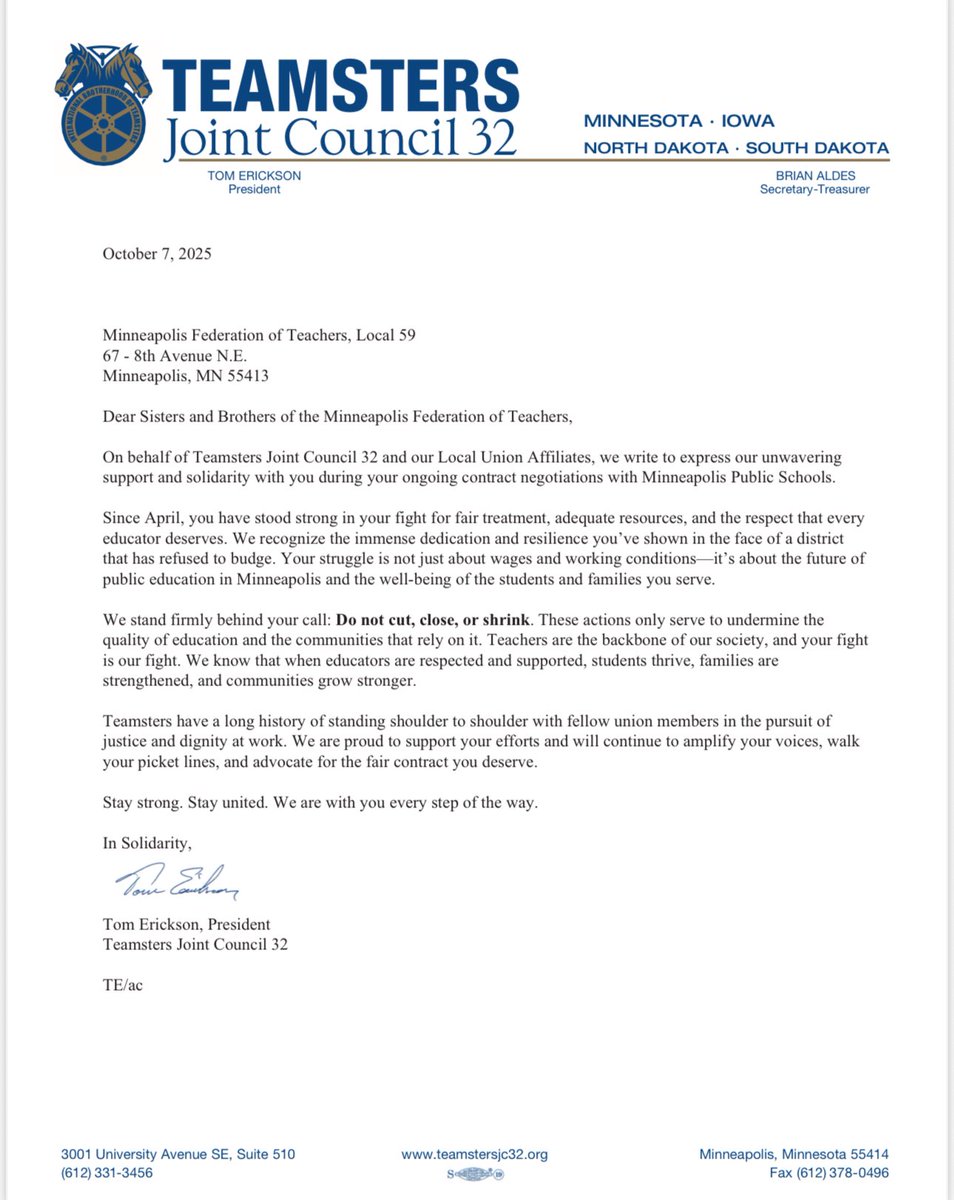 🚨🚨🚨SOLIDARITY WITH MFT🚨🚨🚨

Minneapolis Public Schools are on WATCH! 

The Teamsters Joint Council 32 stands in solidarity with the Minneapolis Federation of Teachers in their fight for a fair contract.

Stay strong. We stand with you and have your back!