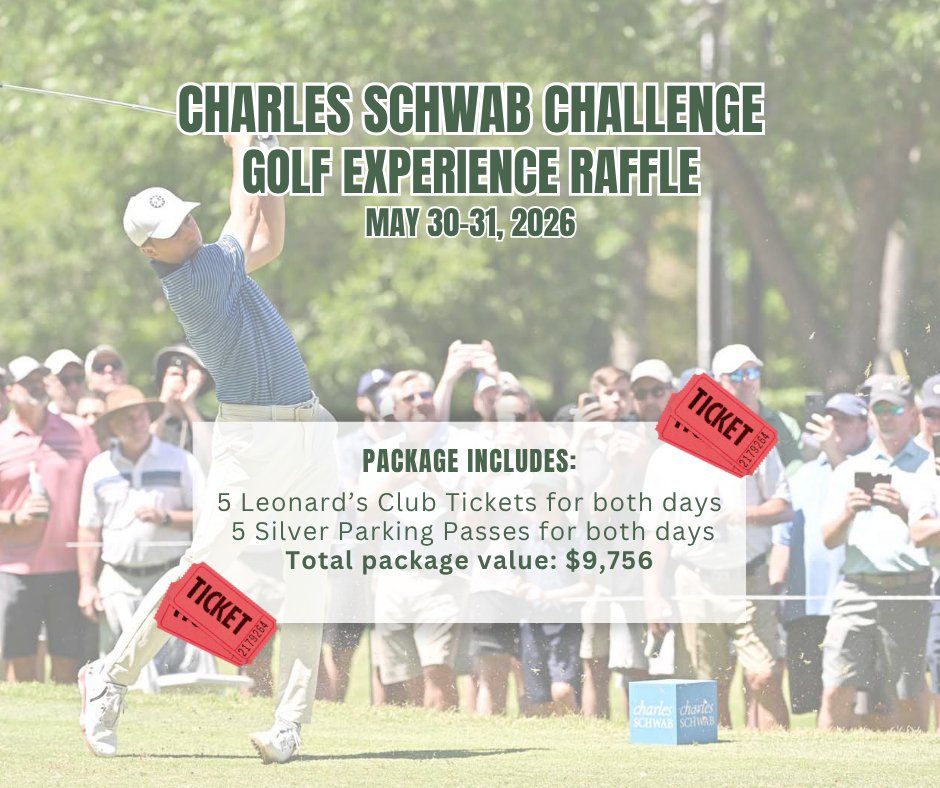 ⛳️ Win the Charles Schwab Challenge Golf Experience ($9,756 value)!

🏌️‍♂️ Package Includes: 
- 5 Leonard’s Club tickets for May 30-31, 2026
- 5 Silver parking passes for both days

🎉 Winner drawn Nov. 10, 2025. You don't need to be present to win!

 🎟️🔗: nefgolfraffle.paperform.co