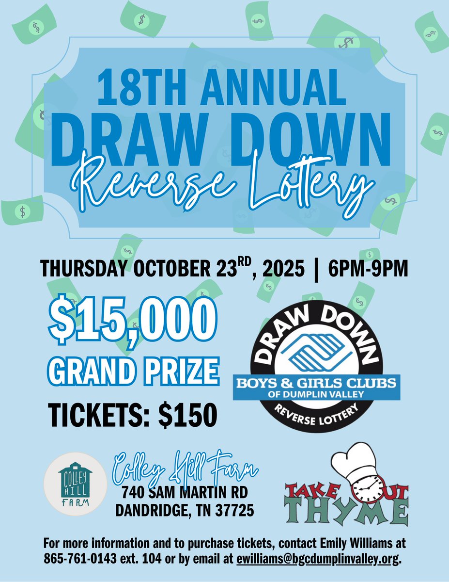 🎉It's not too late! Just us at Draw Down!🎉

👉 Get your tickets now before they’re gone! To purchase your tickets, contact Emily Williams, Chief Development Officer:
📞 865-761-0143 ext. 104
📧 ewilliams@bgcdumplinvalley.org

Support great futures!💙#BGCDV #Events #Community