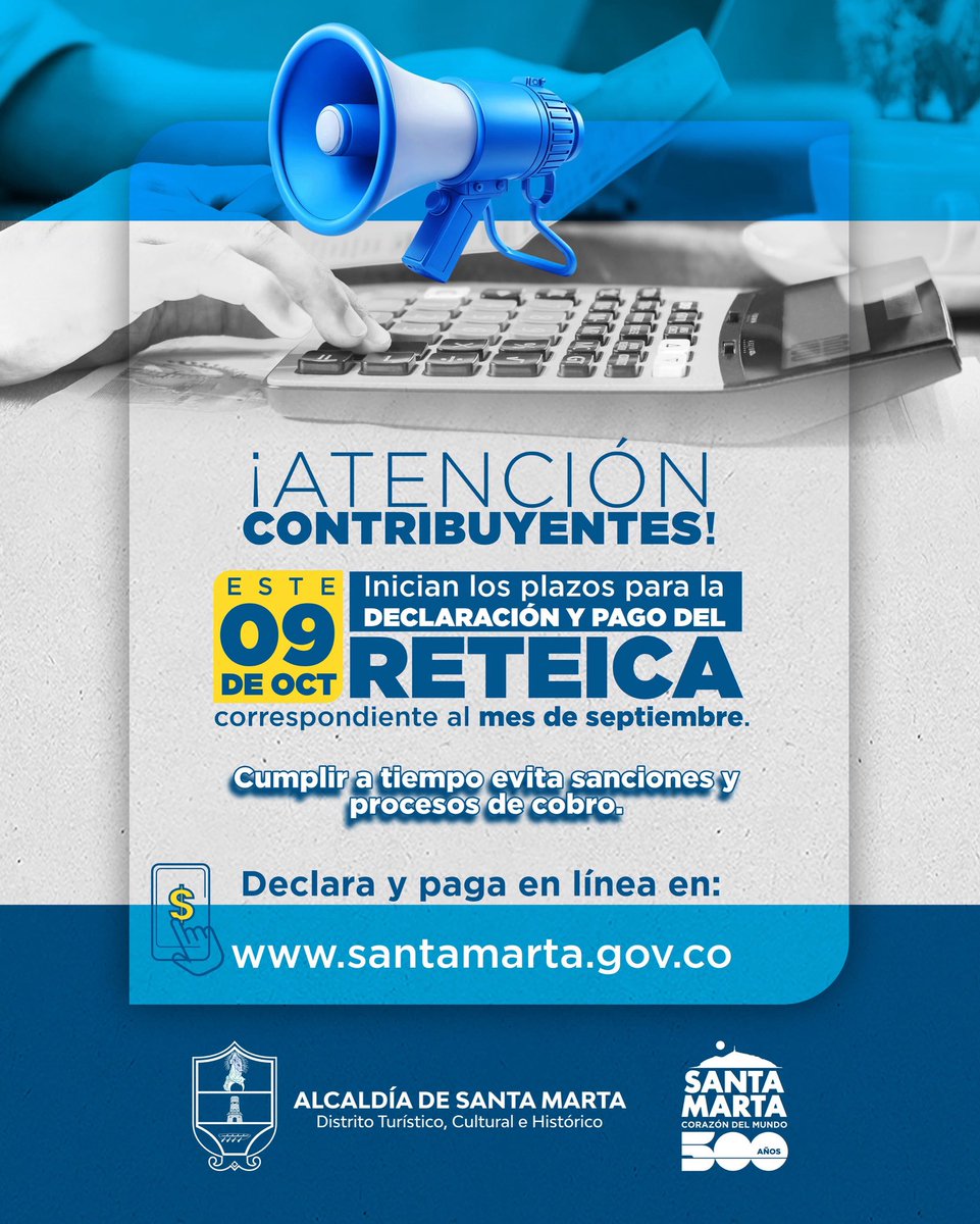 ¡Recuerda! Desde el 9 de octubre puedes declarar y pagar tu RETEICA del mes de septiembre.
Cumple a tiempo y evita sanciones ⚠️
Hazlo fácil en 👉 santamarta.gov.co