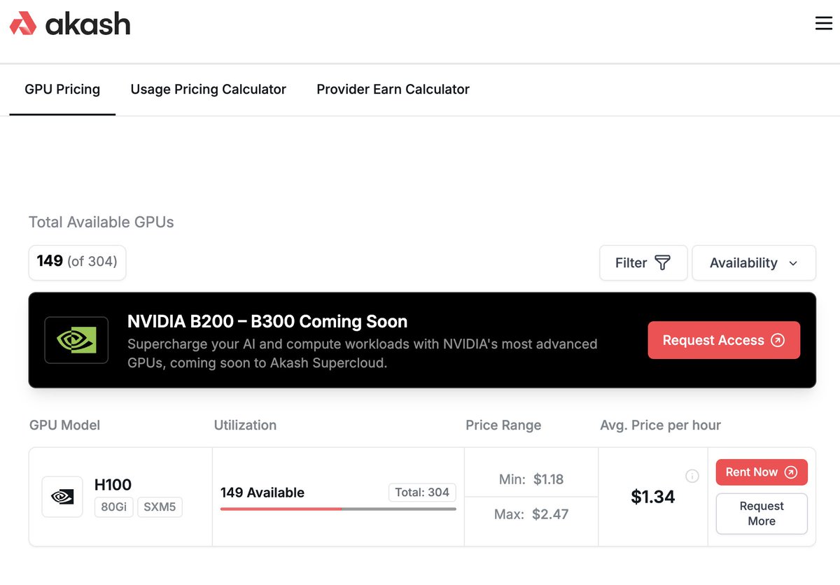 gregosuri's tweet image. H100s on @akashnet_ are available for as low as $1.18 per hour.
There is no reason for Azure for charge $9 for the same.
No contracts, no signups.
👉 Get yours today on-demand akash.network/pricing/gpus