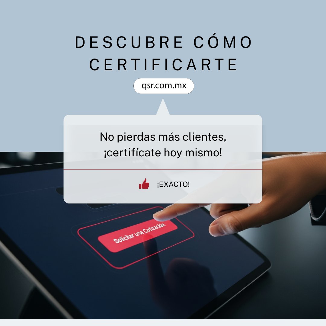 qsrmexico's tweet photo. 🚨 No te arriesgues a perder clientes.
¿Quieres saber cómo esta norma puede darle confianza y crecimiento a tu empresa? Te lo contamos aquí 👇
👉 Lee el artículo completo en nuestro blog
https://t.co/XSGuEGZdZL
Certifícate y conviértete en la opción preferida. https://t.co/JEFcPRGvNB