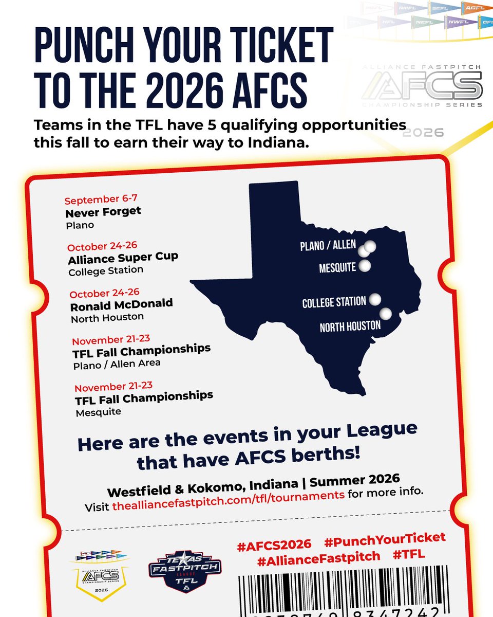 TFLfastpitch's tweet photo. FOUR MORE opportunities for a chance to punch your ticket to the @thealliancefp Championship Series in Indiana! #TexasTested https://t.co/pkuT64efei