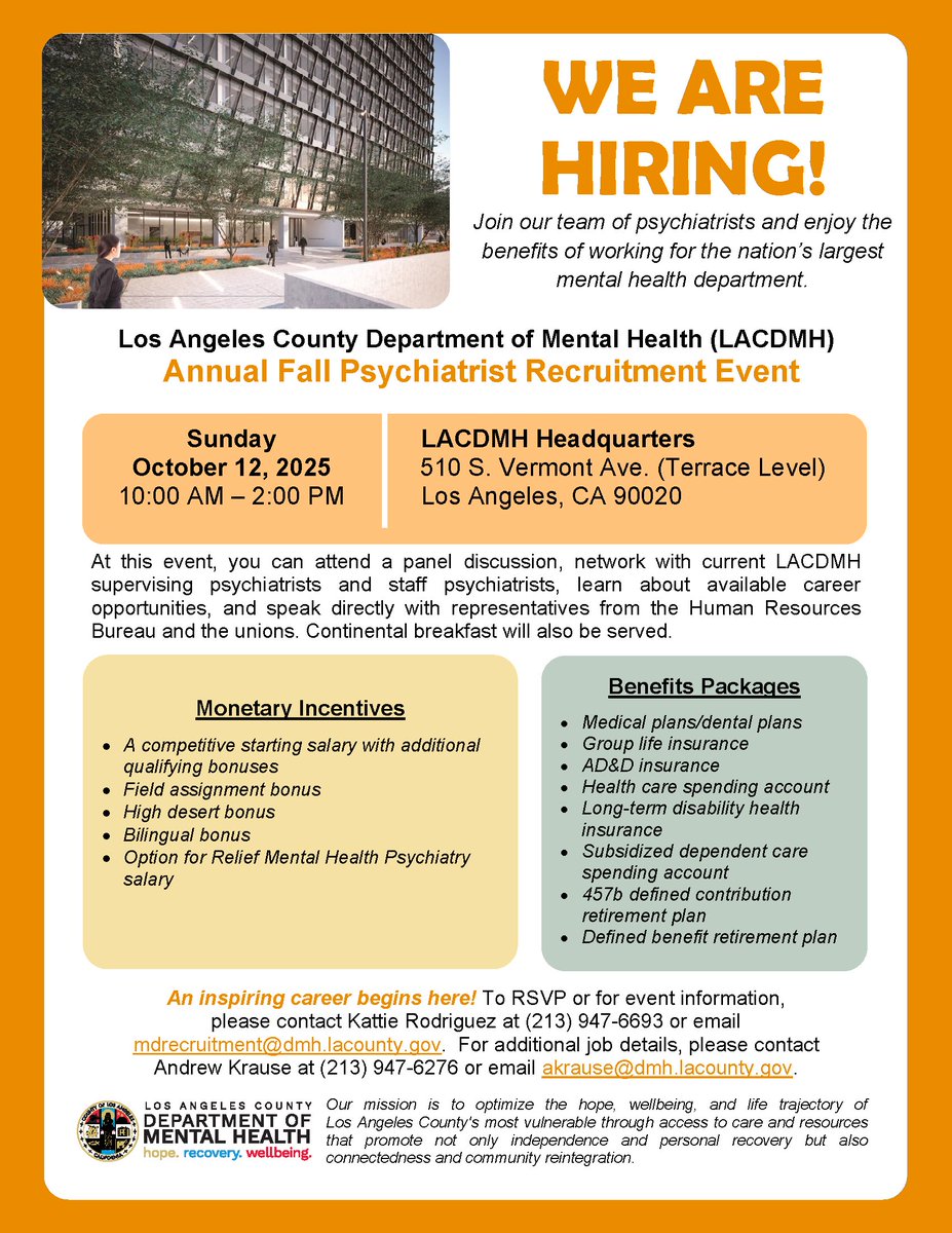 LACDMH's tweet image. Join us for our Annual Fall Psychiatrist Recruitment Fair and learn about the benefits of working for the nation&apos;s largest mental health department! Participants can attend a panel discussion, network with staff psychiatrists, and speak directly with HR representatives. We hope…