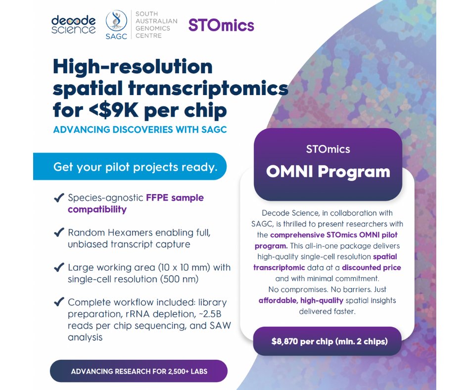 SA_genomics's tweet image. Now Open! STOmics OMNI pilot - SAGC, @Decode_Science - spatial RNA from FFPE—end-to-end service.
Why STOmics OMNI?
 ✅ Species-agnostic
 ✅ Random hexamers (total RNA)
 ✅ 10×10 mm area at high res (500 nm)
 ✅ End-to-end workflow
Get your projects ready→ap1.hubs.ly/y0hZyD0