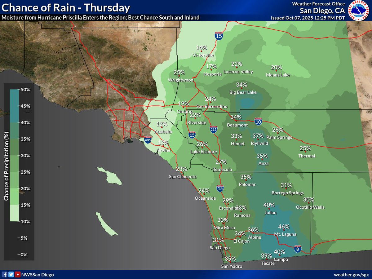 NWSSanDiego's tweet image. Chances for showers and isolated thunderstorms will be greatest across southern and eastern areas as the system moves closer.