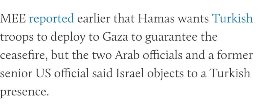 #SONDAKİKA 
HAMAS Gazze’ye Türk Askeri İstiyor.
Middle East Eye haberi ve iddiası.

Hamas, ateşkesi garanti altına almak için Türk birliklerinin Gazze’ye konuşlandırılmasını istiyor.

İsrail Türk varlığına karşı çıkıyormuş.