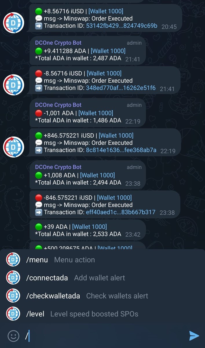 DCOneCrypto's tweet image. ✨ DCOneCryptoBOT – Track your Cardano wallet with lightning speed!

We’ve developed bots similar to Cardano Wallet Alert, allowing you to get instant notifications for any activity related to your Stake Address.

💬 Open Telegram and start chatting with the bot:
📌…
