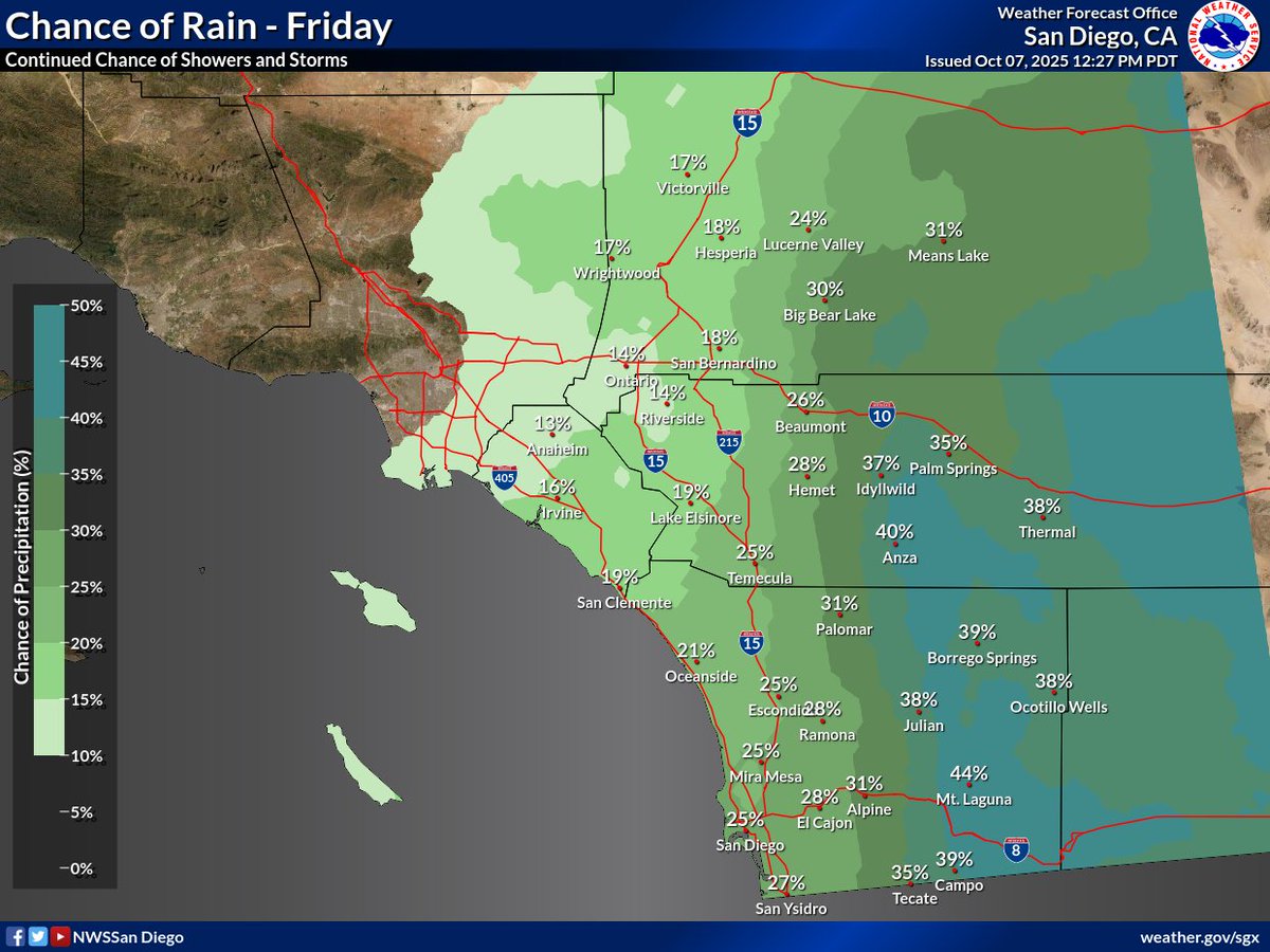 NWSSanDiego's tweet image. Chances for showers and isolated thunderstorms will be greatest across southern and eastern areas as the system moves closer.
