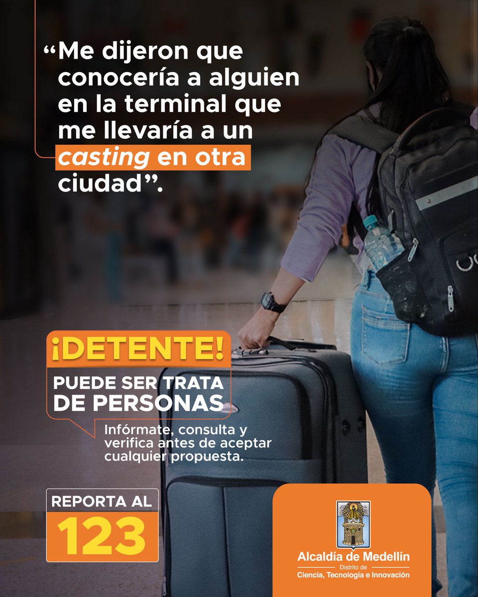 PazDDHHmed's tweet photo. ¡DETENTE!
Puede ser trata de personas. Antes de aceptar una propuesta, infórmate bien. REPORTA al 123. ❌ https://t.co/MbUU1zz8Js