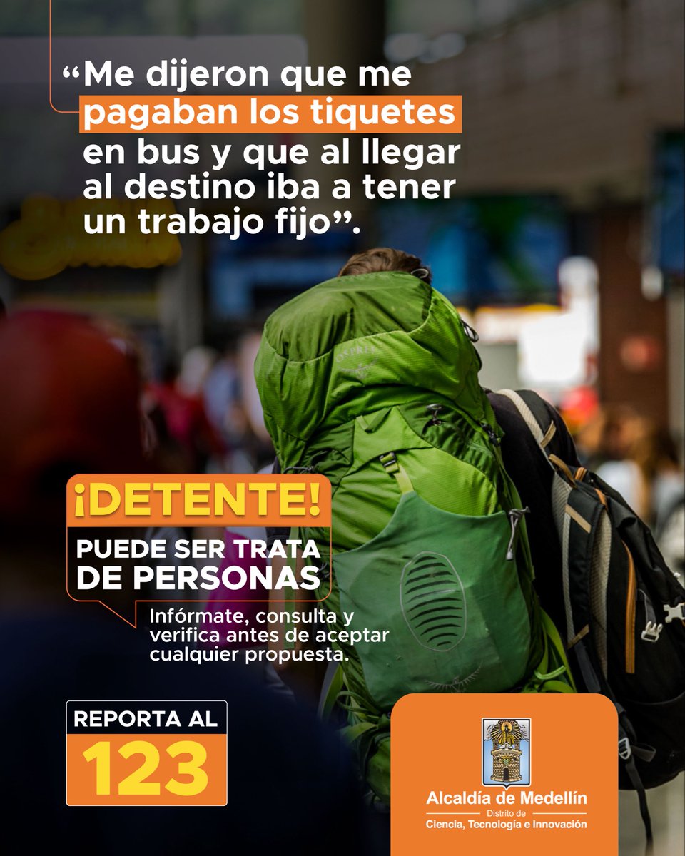 PazDDHHmed's tweet photo. ¡DETENTE!
Puede ser trata de personas. Antes de aceptar una propuesta, infórmate bien. REPORTA al 123. ❌ https://t.co/MbUU1zz8Js