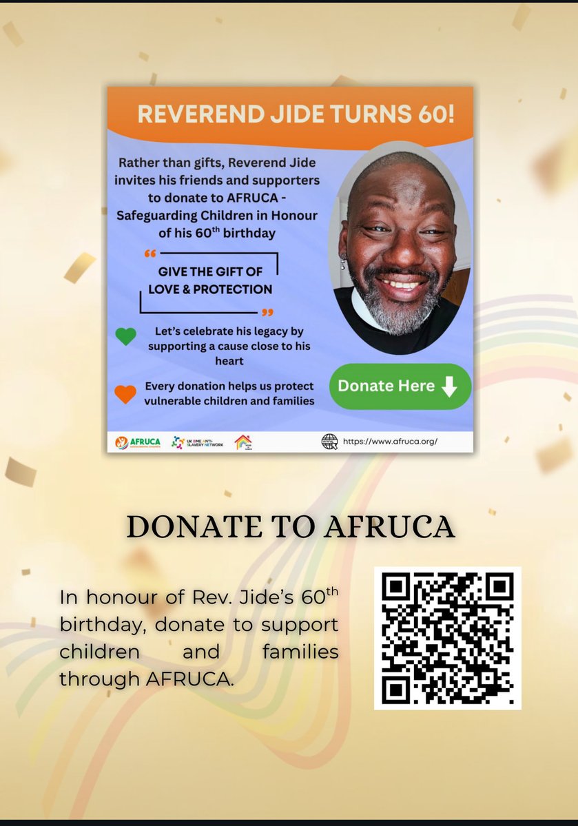 RevJide's tweet image. You are invited to celebrate my 60th birthday with me. 

Instead of gifts, I kindly invite you to consider making a donation to Afruca Children&apos;s Charity a cause close to my heart that continues to transform lives.

justgiving.com/page/jidemacau…