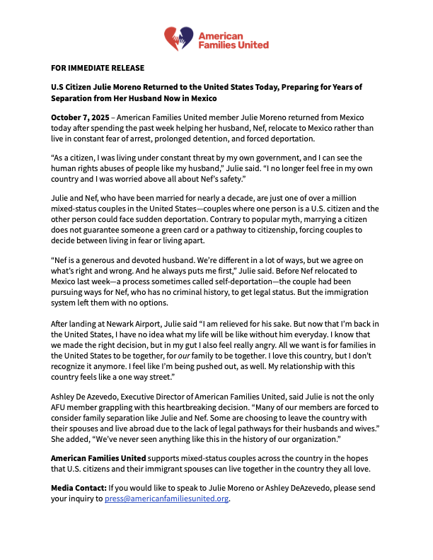 afuashley's tweet photo. FOR IMMEDIATE RELEASE

U.S Citizen Julie Moreno Returned to the United States Today, Preparing for Years of Separation from Her Husband Now in Mexico

Full press release below. https://t.co/OE7lejznza