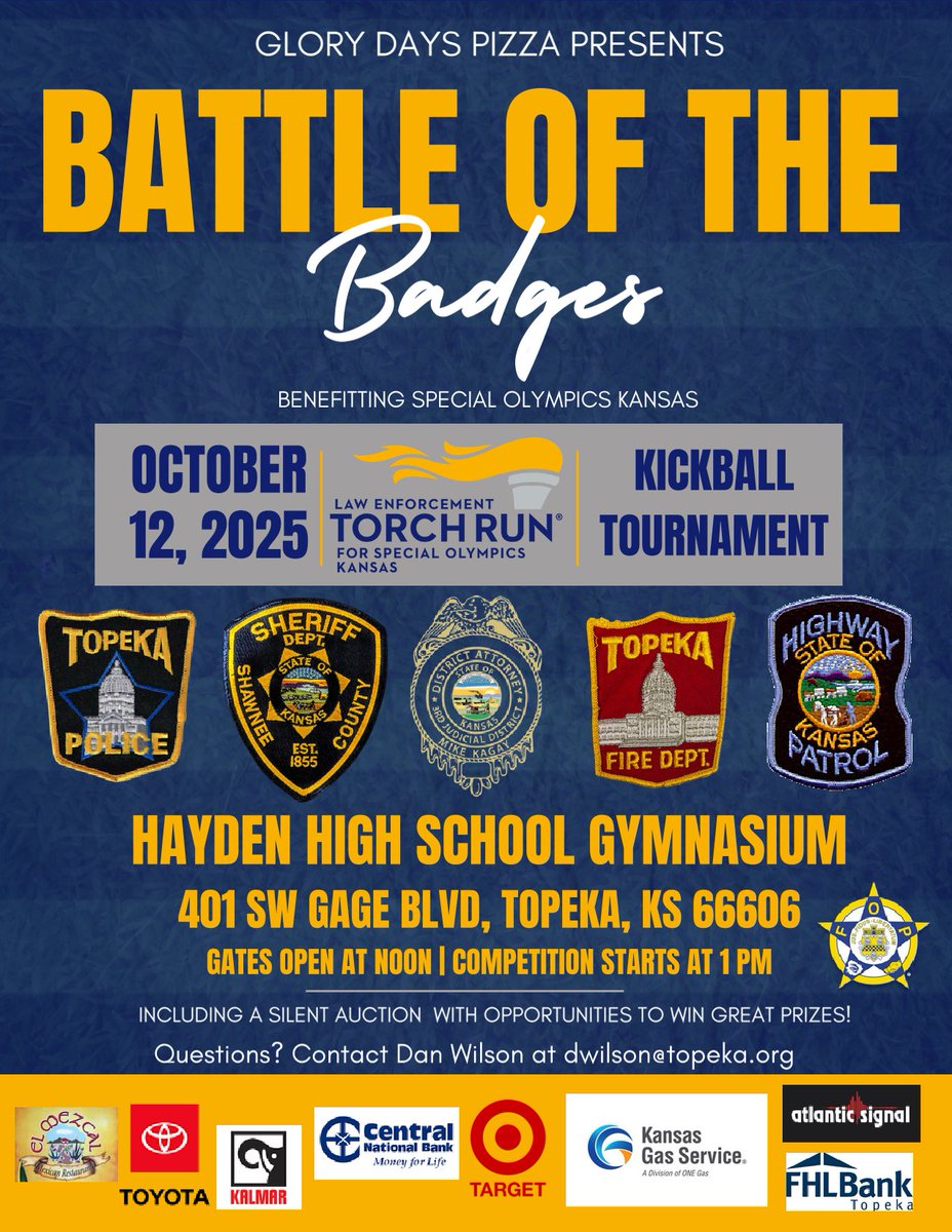 Join us Sun., Oct. 12 at 1 PM for the 2025 Battle of the Badges Kickball ⚽ Tournament at Hayden High School Gym! Support @SpecialOlympicsKS, enjoy the games, silent auction &amp; cheer on
<a href="/Topeka_Police/">Topeka Police Department</a>
<a href="/Topekafire/">Topeka Fire Department</a>
<a href="/ShawneeSheriff/">Shawnee Co. Sheriff</a>
<a href="/kshighwaypatrol/">KS Highway Patrol</a>
@KansasDAs!  #BattleOfTheBadges