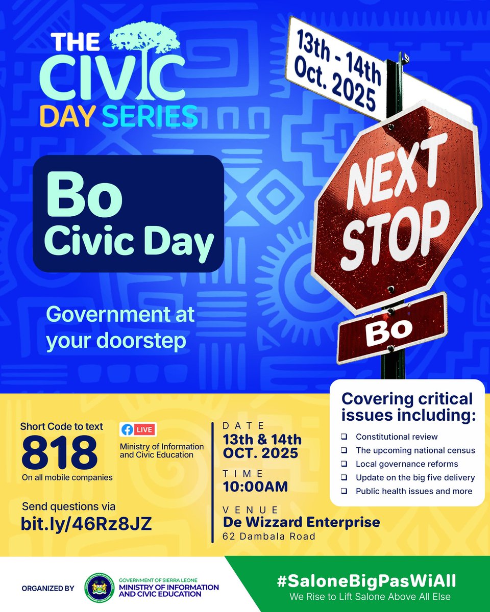 MoiceComm's tweet image. Breaking News

The Civic Day Series continues in Bo District on the 13th - 14th October 2025.

Get ready to meet with top government officials as critical governance issues like the constitutional review, national Census, redistricting and many more will be discussed

Join us and…