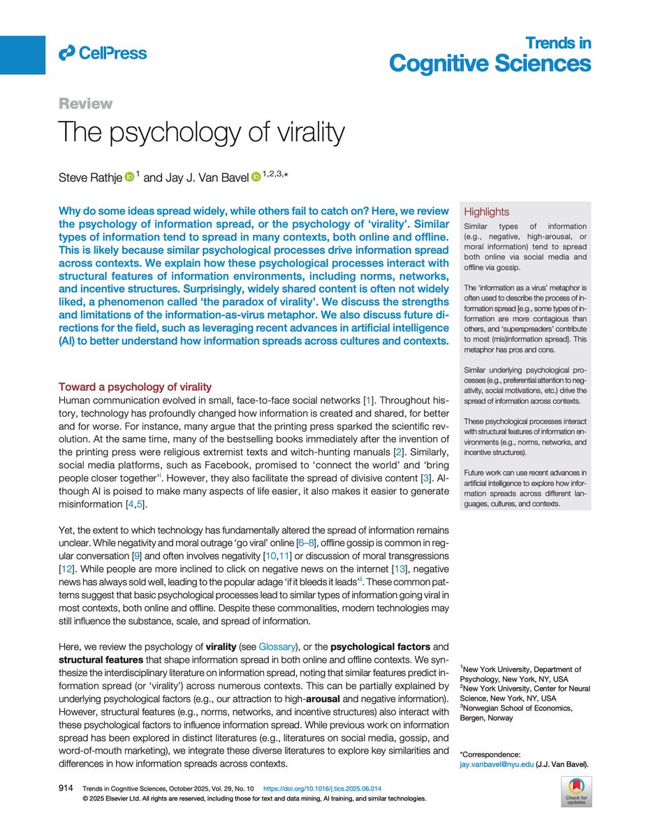 jayvanbavel's tweet image. Why do some ideas spread widely, while others fail to catch on?

Our new review paper on the PSYCHOLOGY OF VIRALITY is now out in @TrendsCognSci (it was led by @steverathje2 )

Read the full paper here: cell.com/trends/cogniti…