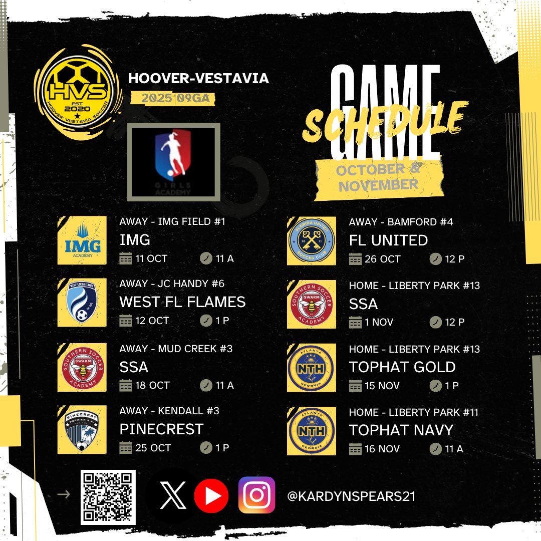 KardynSpears21's tweet image. 👀
The schedule speaks for itself!
My teammates and I would love to see you in October &amp;amp; November!

@hoovervestavia @GAcademyLeague @TopPreps @PrepSoccer @TheSoccerWire @TopDrawerSoccer @ImYouthSoccer @ImCollegeSoccer @imwomenssoccer @Smedley033 @UncommittedGrls @HWDgirlssoccer…