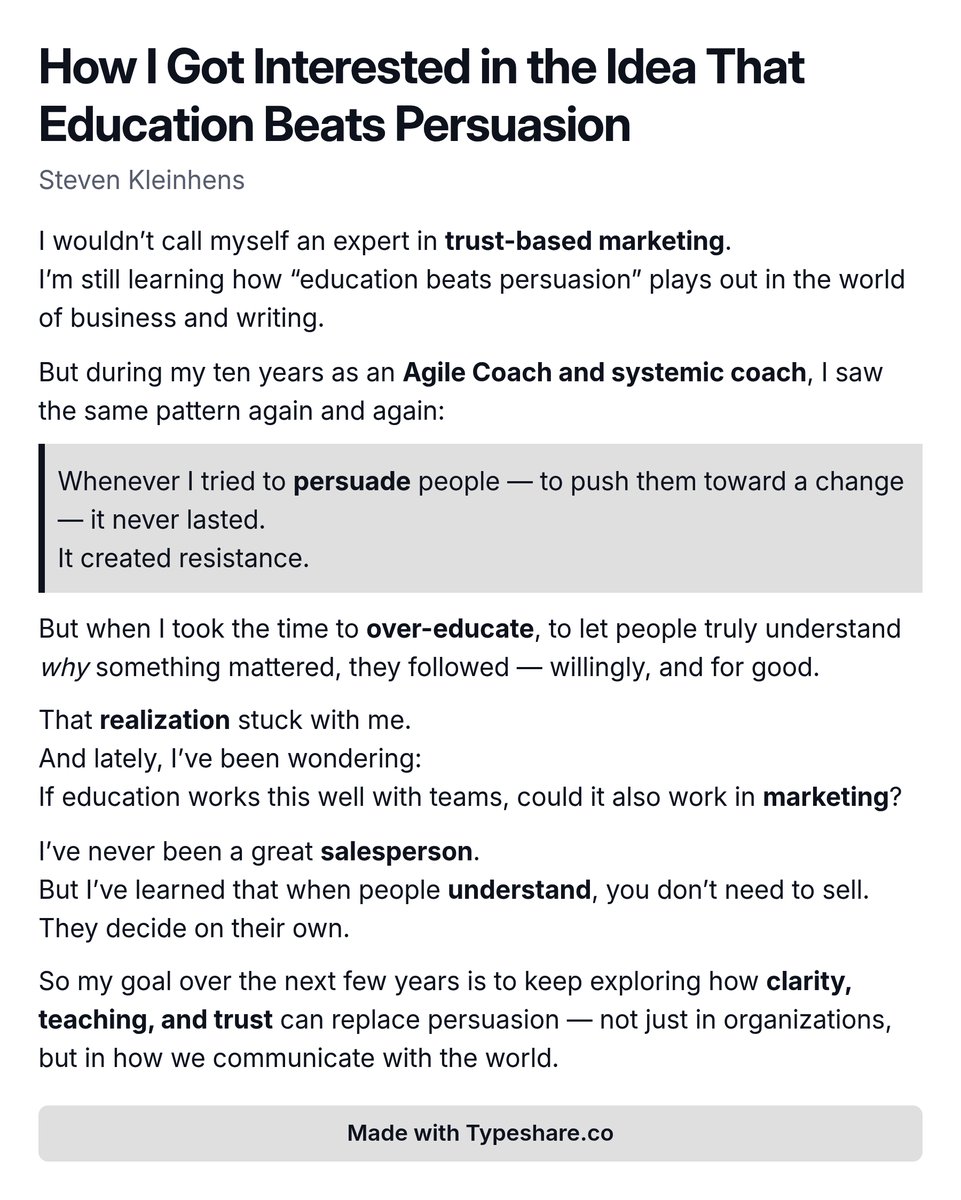 stevenkleinhens's tweet image. Persuasion creates resistance.
Education creates trust.

Here’s how I learned that the hard way 👇