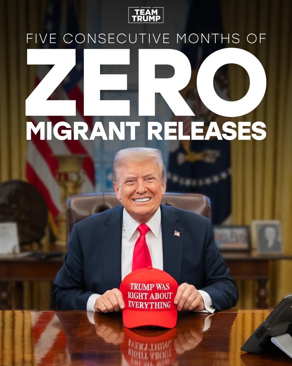TrumpWarRoom's tweet image. FIVE consecutive months of ZERO illegal aliens released into our country.

The border is secure. 🇺🇸