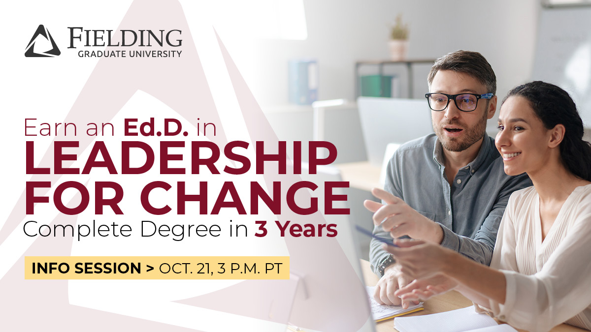 FieldingGradU's tweet photo. Earn an Ed.D. in Leadership for Change online. Complete the doctoral program in three years. Register now for the Oct. 21 info session: https://t.co/40aEzrkyZJ
#LeadershipDegree
#LeadershipForChange
#ChangeTheWorldStartWithYours https://t.co/mRW3J23zpc