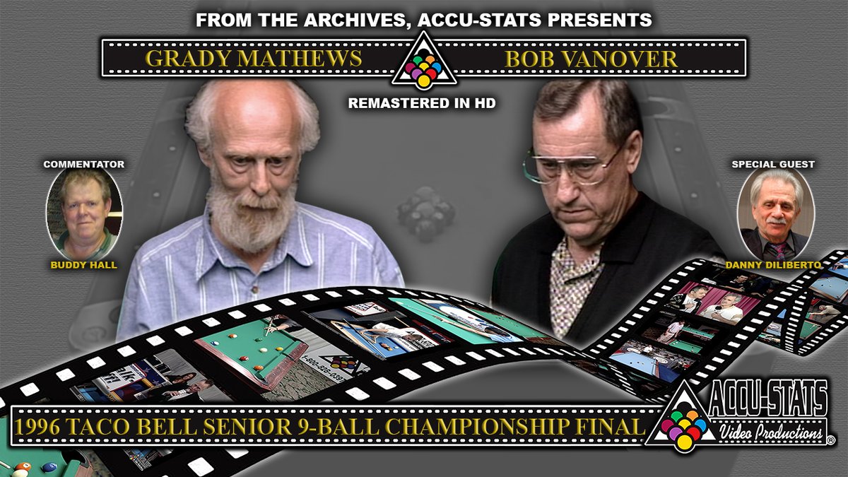 Premiering tonight at 8pm EST - 9-Ball - GRADY MATHEWS vs BOB VANOVER - Taco Bell Senior Tour Finals

Buddy Hall and Danny DiLiberto called the action. Stick around for their post match interview with the winner. 
Pat Fleming will be in the chat room.

youtu.be/zJlfV5J1HBo