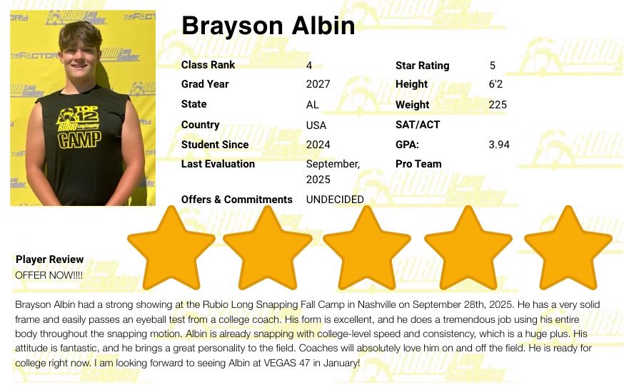 Brayson_Albin's tweet image. #89 5⭐️ More work to do! #ToeTheline #RubioFamily #RecruitBJP
@chadlunsford @AuburnMade @RyanSmith_AU @DavidJenrath @aylward_johnny @amburkett64 @ericponio @andrew_mctighe @nunez_jay @MTommerdahl @Coach_Casey_P @FSUCoachJP @ericponio @CoachJRut @CoachDaPrato @TheChrisRubio…