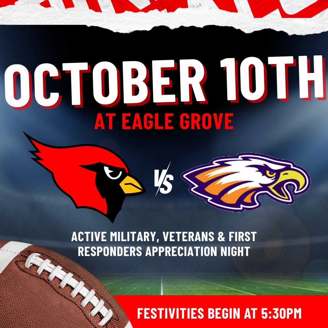 GHV Cardinals vs Eagle Grove Eagles 
Oct. 10th @ Eagle Grove 
1015 NW 2ⁿᵈ ST EAGLE GROVE, IA
(7:00 PM Kick Off)

Come cheer on your Cards and take part in Eagle Grove's active military, veterans, and first responders appreciation night!

Festivities begin at 5:30 PM