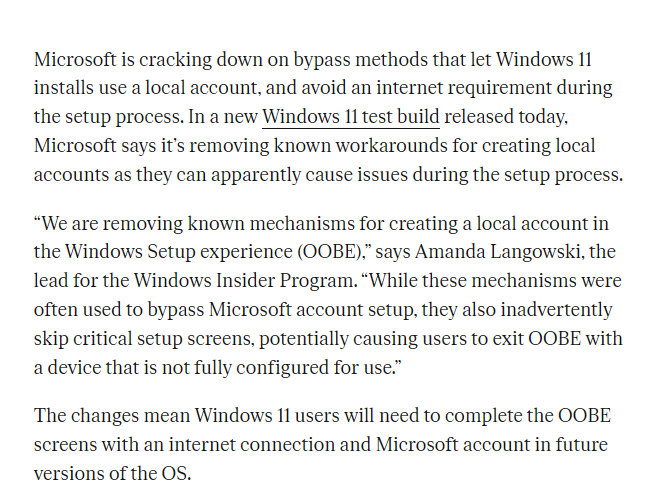 Windows 11에서 로컬 계정 우회 방법 제거에 대한 Microsoft 발표 스크린샷