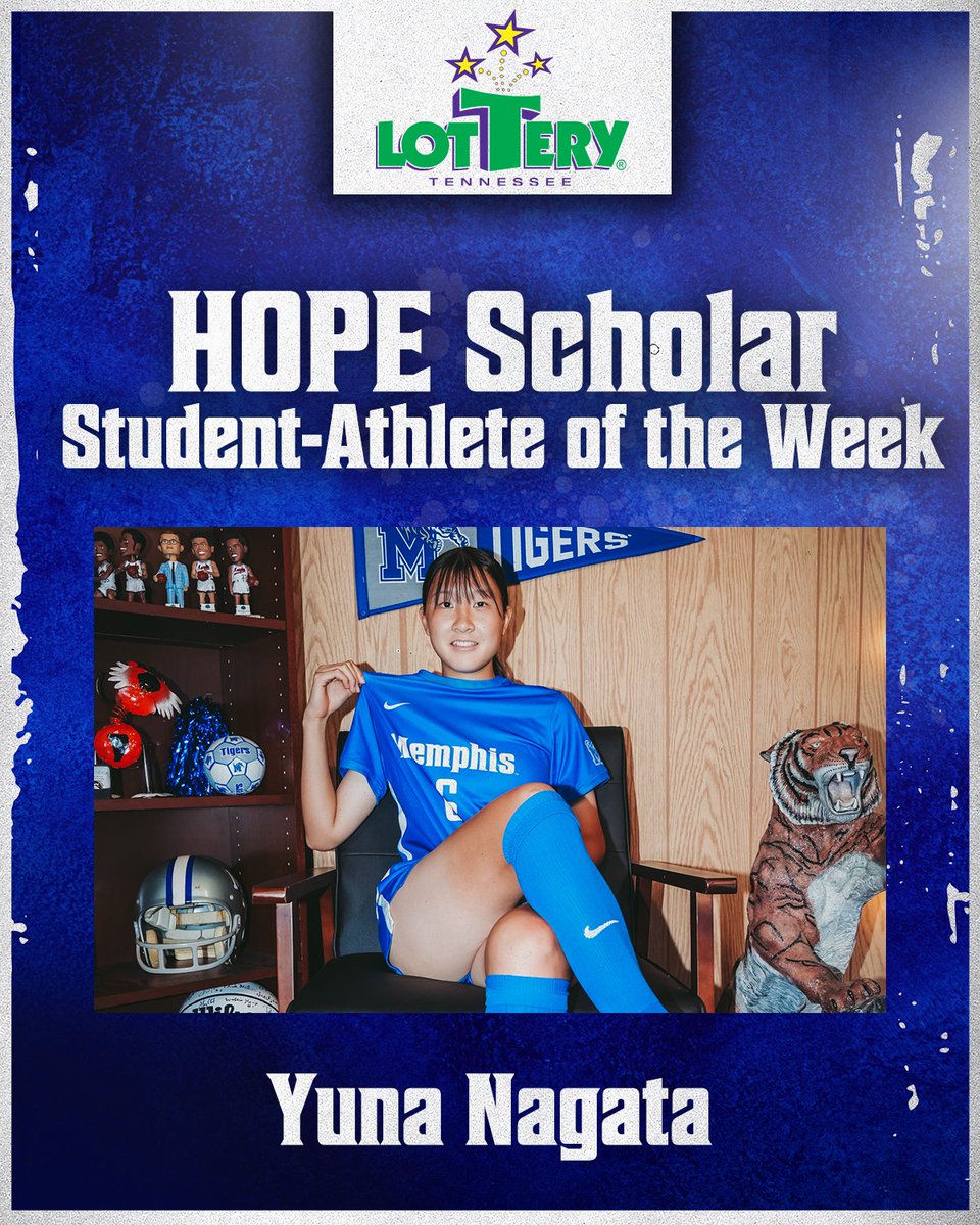 TigersAthletics's tweet image. Congratulations to @MemphisWSoccer Yuna Nagata on being selected as this week’s University of Memphis @TNLottery HOPE Scholar Student-Athlete of the Week!

The Tennessee Lottery is proud to take higher education even higher in Tennessee 🌟