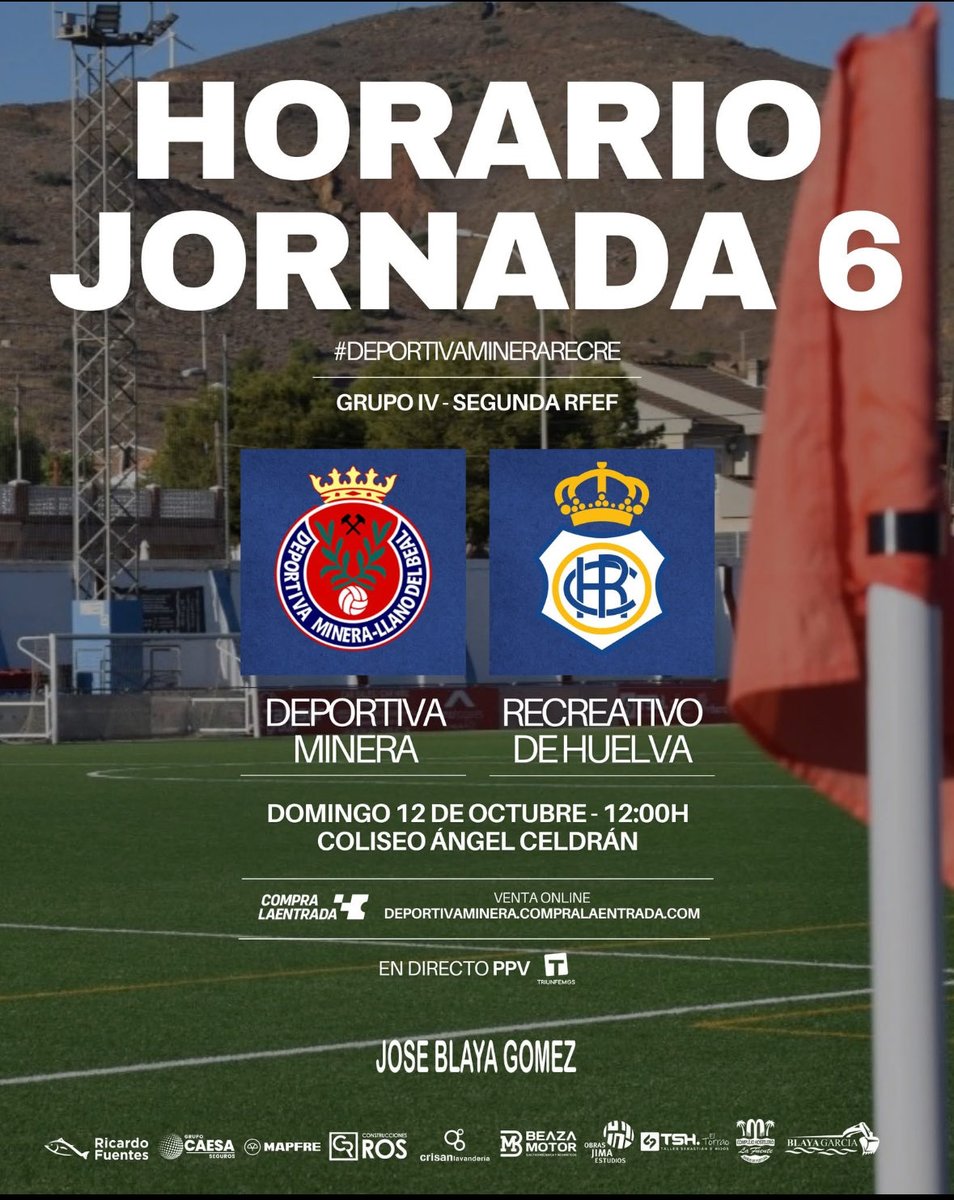 2 FEDERACION. GRUPO IV. JORNADA 6

⚽️ <a href="/DeportivaMinera/">Club Deportiva Minera</a> 🆚 <a href="/recreoficial/">RC Recreativo de Huelva</a> 
🗓️ Domingo 12 octubre 
⏰ 12:00 horas 
🏟️ Ángel Cerdán
📺 Triunfemos 
Enlace: 👇👇👇👇

webdirecto.com/club/triunfemo…