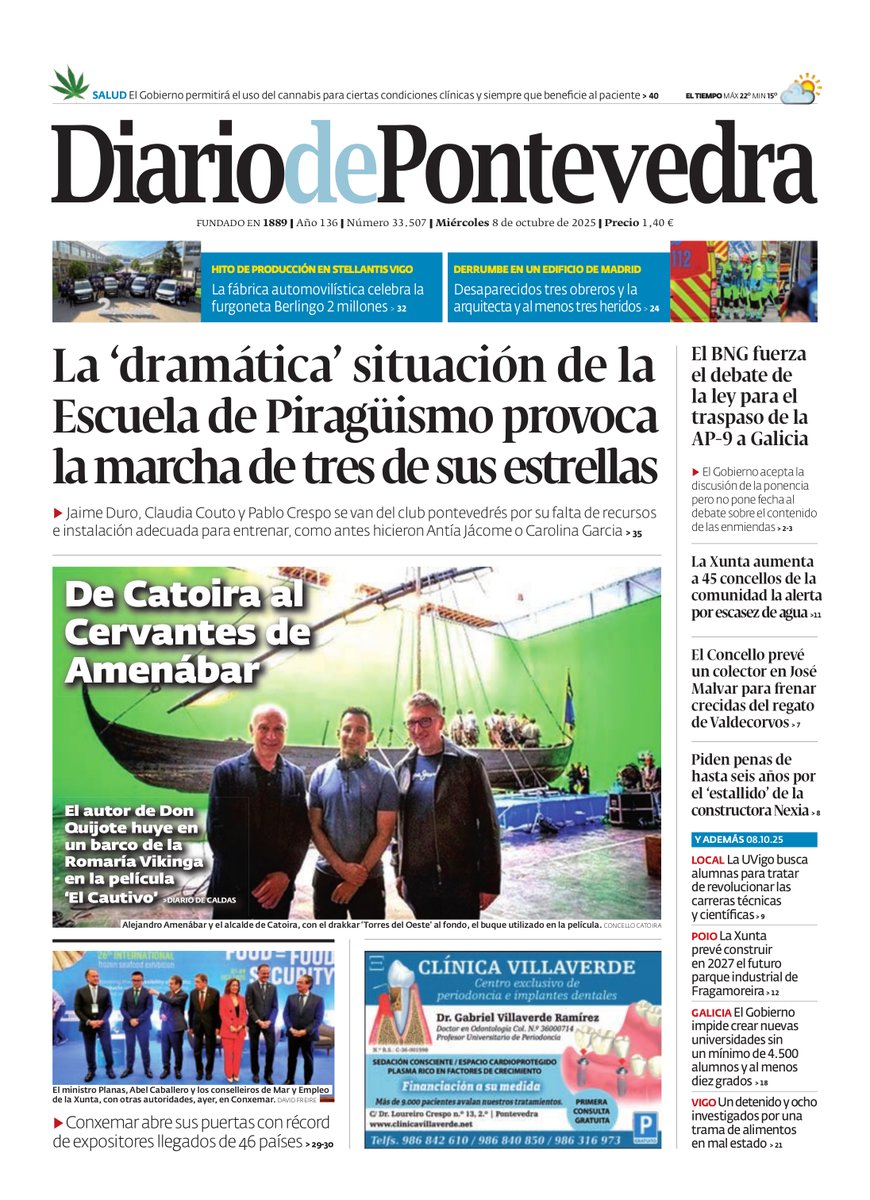 Diario_Pontev's tweet photo. #PortadaDP 📰 La fuga de estrellas por la situación de la Escuela de Piragüismo y el reportaje sobre el barco de la Romería Vikinga 'protagonista' en la última película de Amenábar, temas destacados en la portada de nuestra edición impresa de este miércoles 8 de octubre https://t.co/ePc0uqs37q