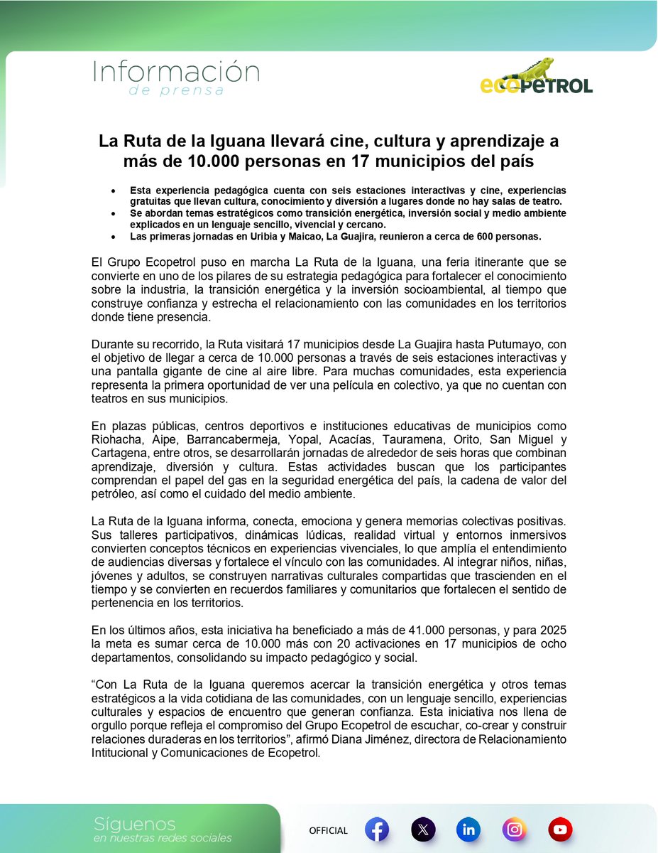 ECOPETROL_SA's tweet photo. #BuenasNoticias 

#ComunicadoDePrensa | La Ruta de la Iguana llevará cine, cultura y aprendizaje a más de 10.000 personas en 17 municipios del país.

#ElCorazónQueImpulsa #GrupoEcopetrol
Lee más de la noticia aquí 👇 https://t.co/TlpQvRzD79