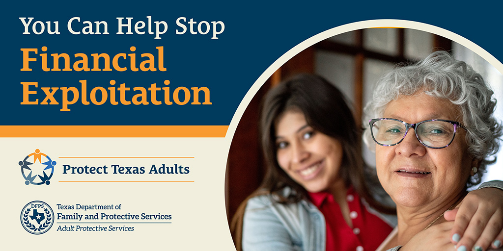 Texas DFPS (@texasdfps) on Twitter photo It's Financial Exploitation Awareness Month! Learn what it is, how to spot it & how YOU can help! FREE event!
📅 **Coastal Bend:**
🗓️ 10/9/25 | 🕣 8:30 a.m. - 4 p.m.
📍 First United Methodist Church, Corpus Christi
💜Call 361-244-1009/Email: Rudyroo220@gmail.com It's Financial Exploitation Awareness Month! Learn what it is, how to spot it & how YOU can help! FREE event!
📅 **Coastal Bend:**
🗓️ 10/9/25 | 🕣 8:30 a.m. - 4 p.m.
📍 First United Methodist Church, Corpus Christi
💜Call 361-244-1009/Email: Rudyroo220@gmail.com