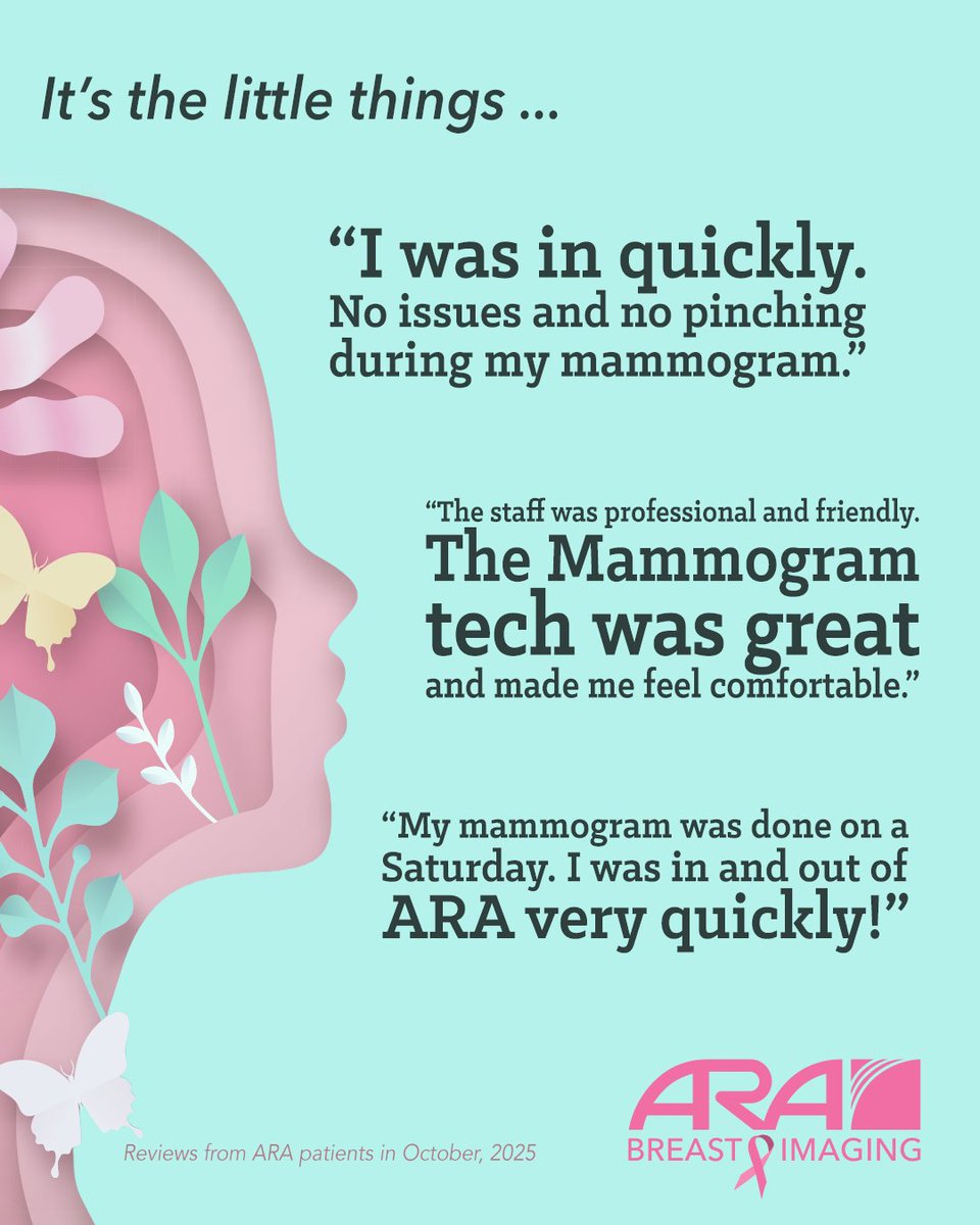 It’s the little things that matter. 💗

Quick visits, kind staff, comfort at every step.

October is National Breast Cancer Awareness Month. Don’t wait.

Yearly mammograms save lives with a 98% survival rate when cancer is found early.

👉 Schedule today: ausrad.com/patients/sched…