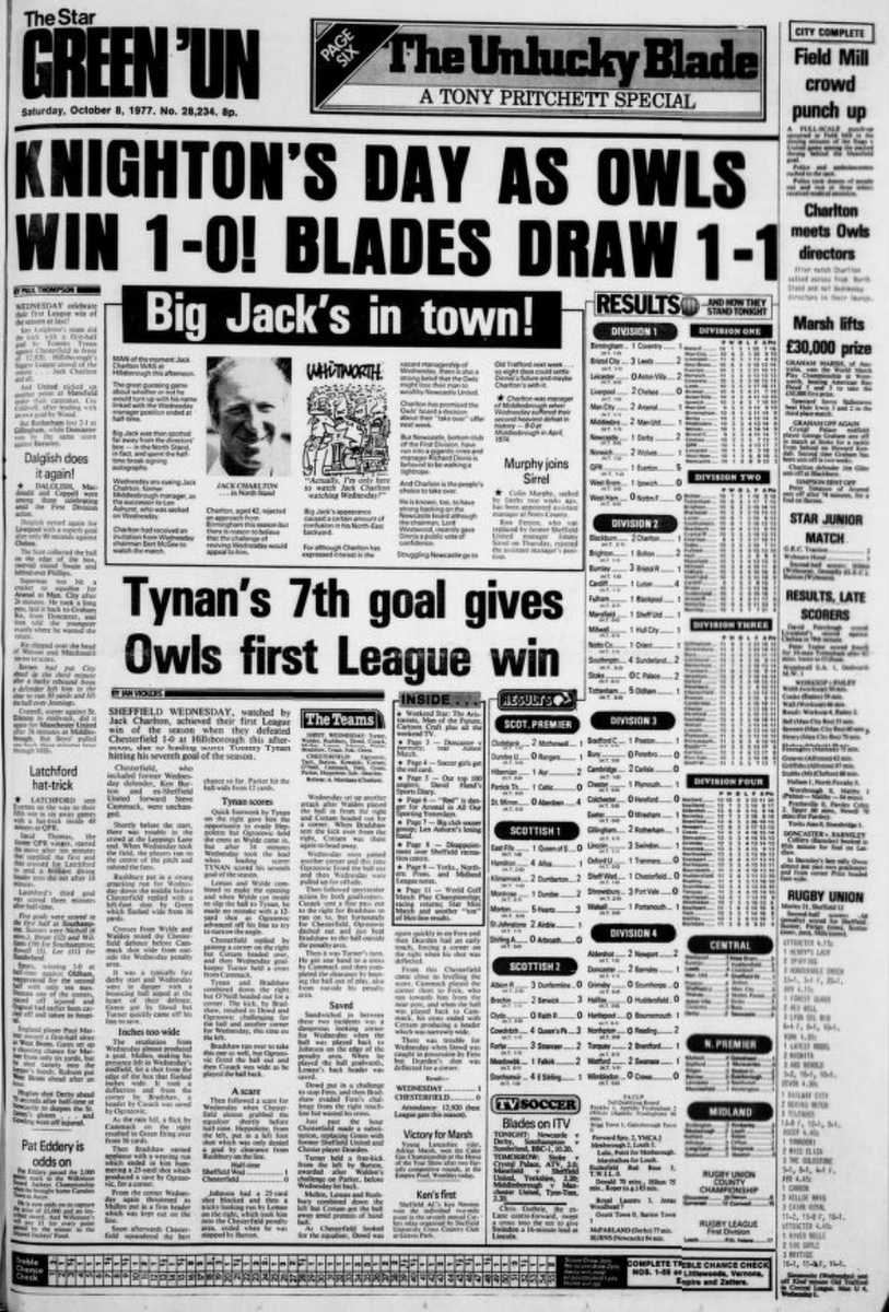 Dunsbyowl's tweet photo. #onthisday 48 years ago - 8th Oct 1977, what a momentous day & as important Wednesday goals go , the one scored by Tynan must be right up there. Big Jack watches #SWFC, bottom of the 3rd , beat Chesterfield 1-0 and becomes manager of the Wednesday club of Sheffield #RIPBigJack https://t.co/okmSDLppGU