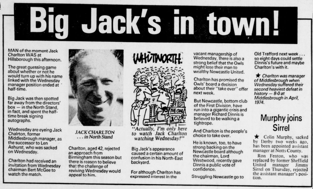 Dunsbyowl's tweet photo. #onthisday 48 years ago - 8th Oct 1977, what a momentous day & as important Wednesday goals go , the one scored by Tynan must be right up there. Big Jack watches #SWFC, bottom of the 3rd , beat Chesterfield 1-0 and becomes manager of the Wednesday club of Sheffield #RIPBigJack https://t.co/okmSDLppGU