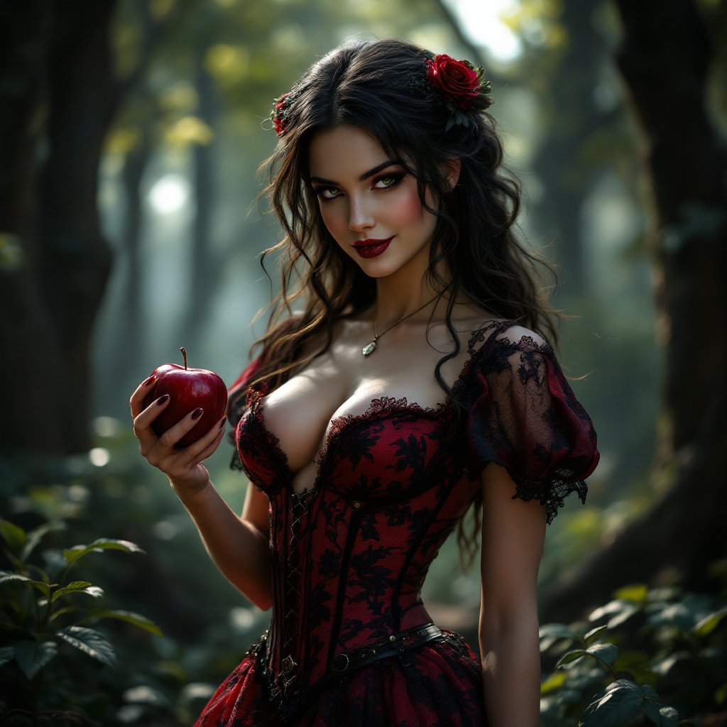 PromptSin's tweet image. Sassy forest queen or wicked witch? 🍎✨ Drop your favorite fairytale character below! #FairytaleVibes