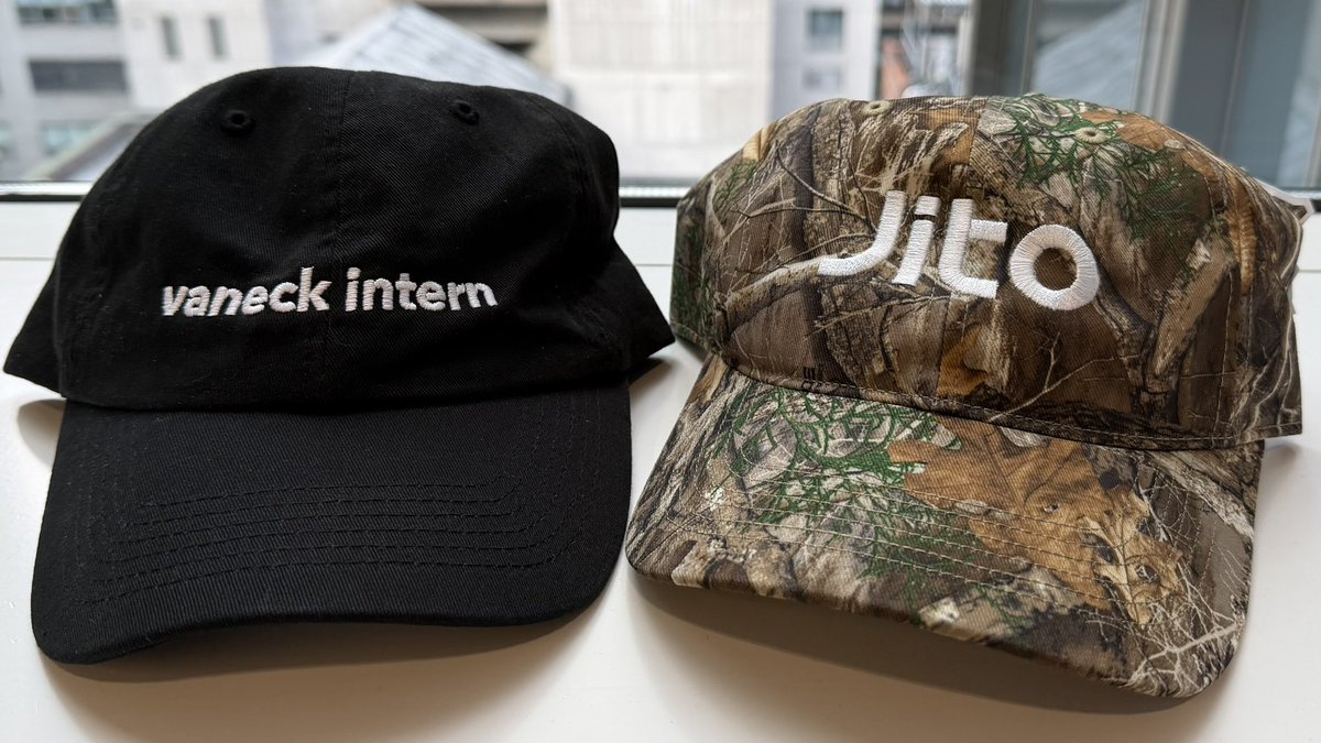 VanEck's Jito-themed hat against a scenic blue sea background